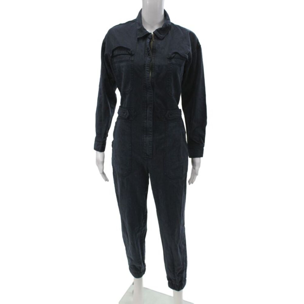 YFB Women Jumpsuit Black Utility Long Sleeve Collared Tencel Zip Size S